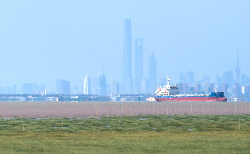 Yangtze River and Shanghai buildings from Hengsha Island